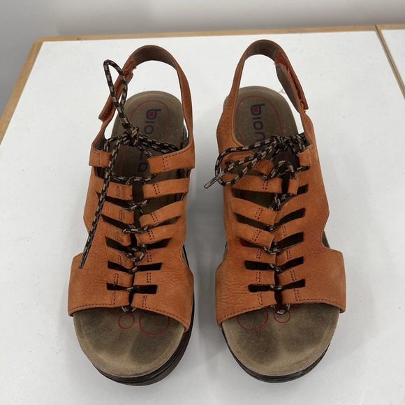 Bionica Women's Ghillie Sirus Wedge Leather Sandals Size 9.5 Orange Cognac - Picture 2 of 12